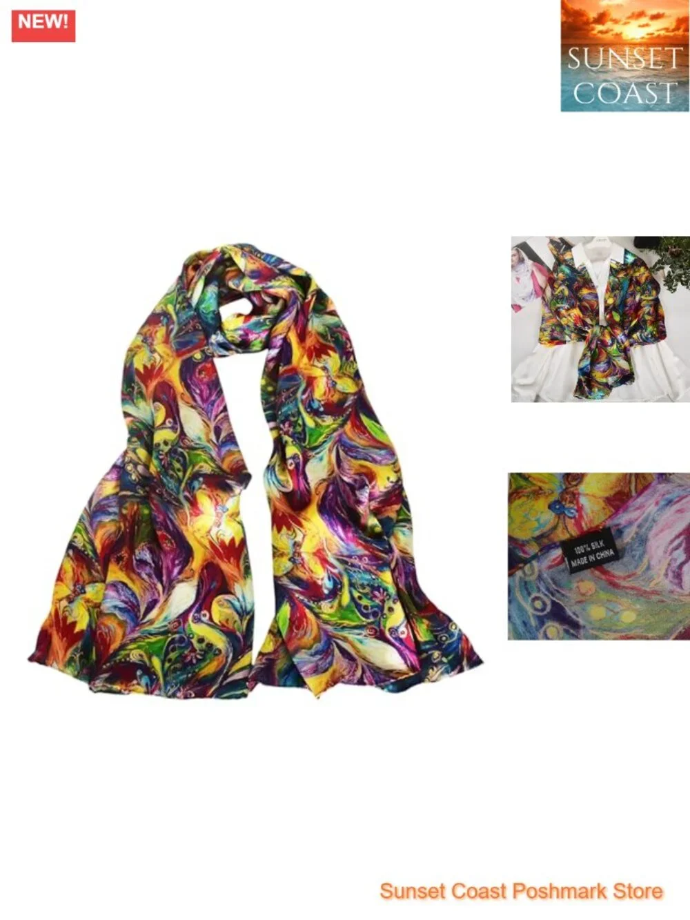 100% Mulberry Silk Neck Scarf Wrap Long Shawl Floral Print Multi-way Wear